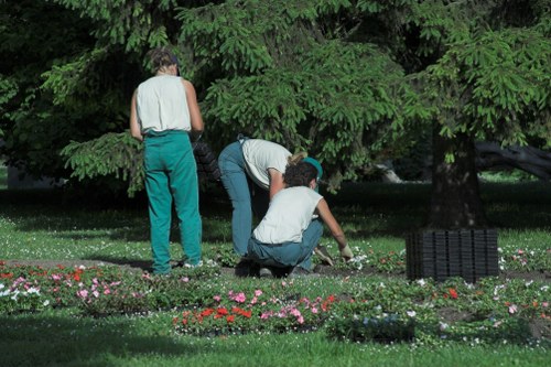 Layered planting and hardscaping in a Norwood garden